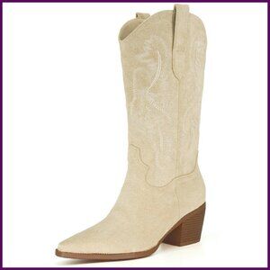 Knee High Cowgirl Boots Pointed Toe Block Heel Suede Faux Leather